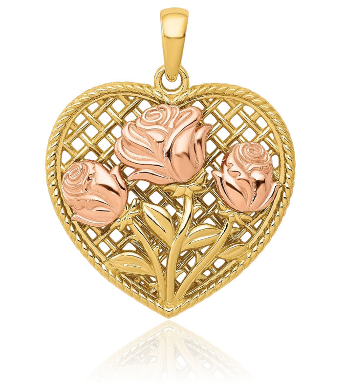 14K Solid Two Tone Gold Rose Flower Heart Necklace Love Pendant Charm