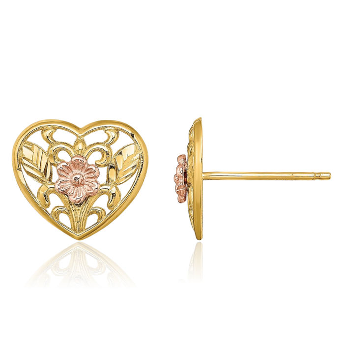 14K Solid Two Tone Gold Rose Flower Heart Stud Earrings