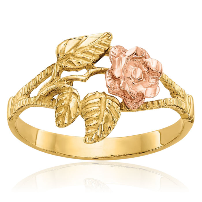 14K Solid Two Tone Gold Rose Flower Ring