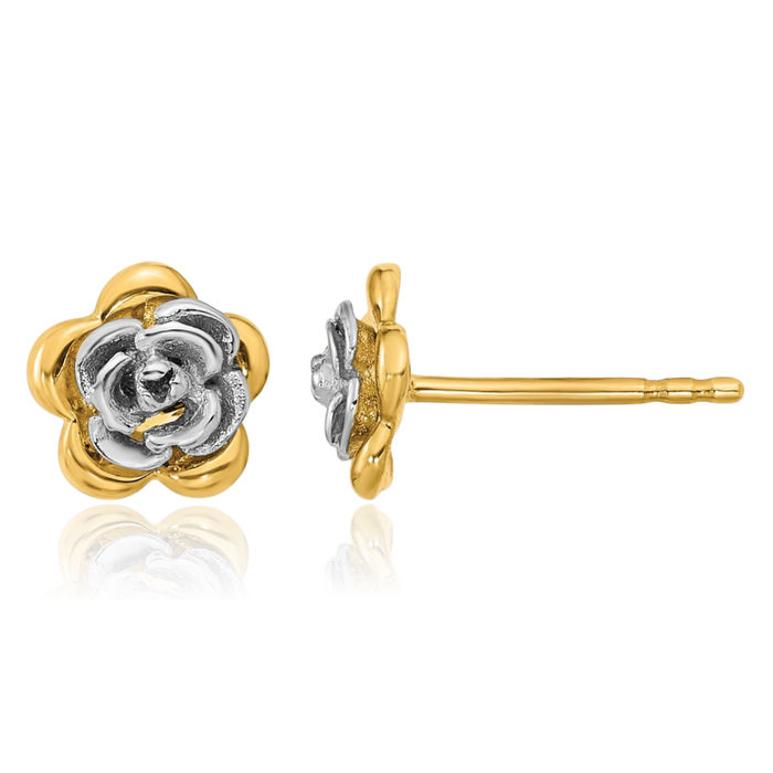 14K Solid Two Tone Gold Rose Flower Stud Earrings