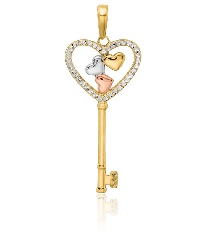 14K Solid Two Tone Yellow White Gold Rose Heart Key Necklace Chain Pendant Charm