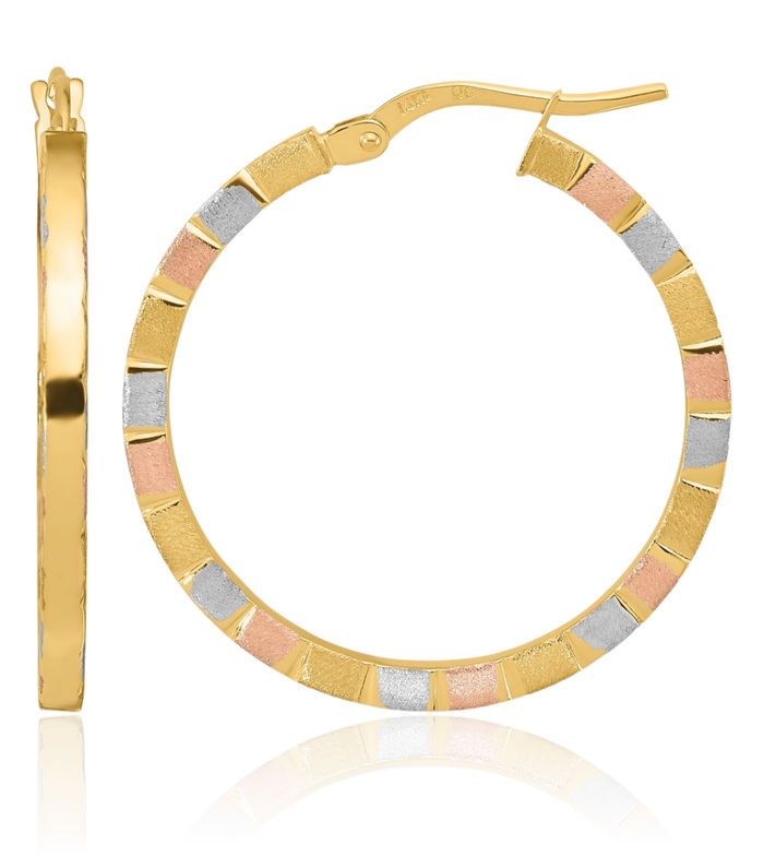 14K Solid Two Tone Yellow White Gold Rose Round Medium Hoop Earrings
