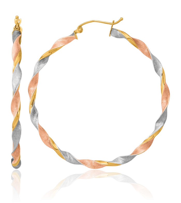 14K Solid Two Tone Yellow White Gold Rose Twisted Round Large Hoop Earrings
