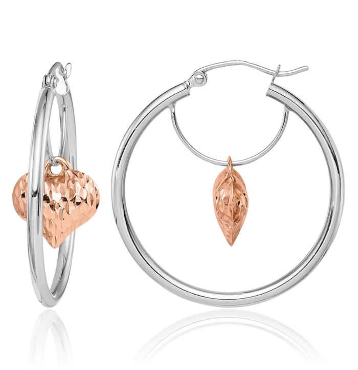 14K Solid Two Tone Gold Rose White Heart Drop Dangle Medium Hoop Earrings