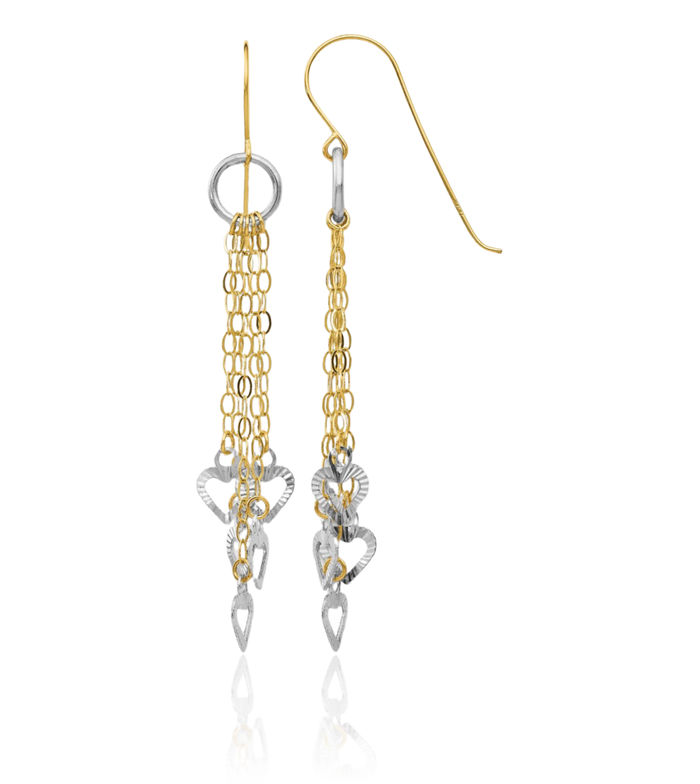 14K Solid Two Tone Gold Circle Round 5 Heart Drop Dangle Earrings