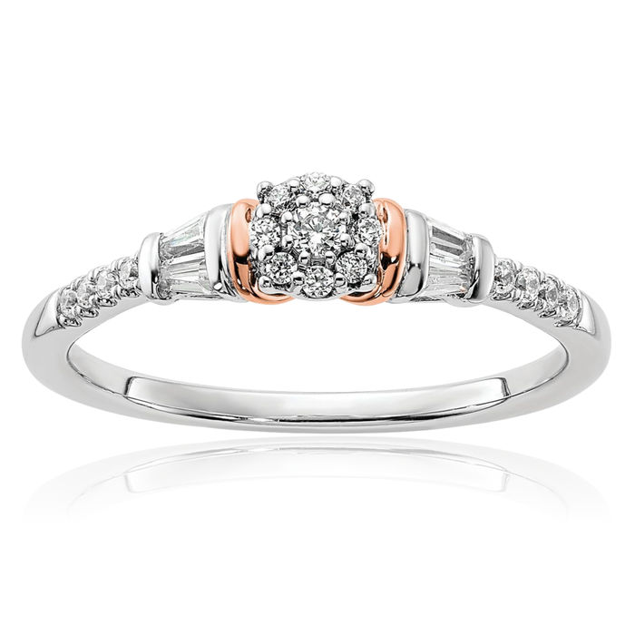 14K Solid Two Tone Rose White Gold Round Baguette Diamond Engagement Ring