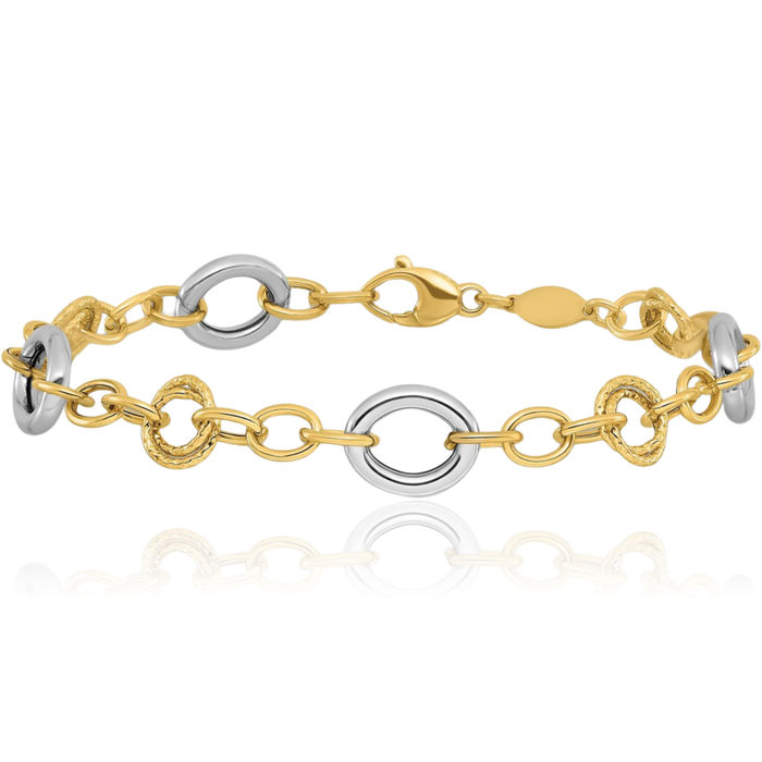 14K Solid Two Tone Gold Circle Round Cable Rolo Link Chain Bracelet