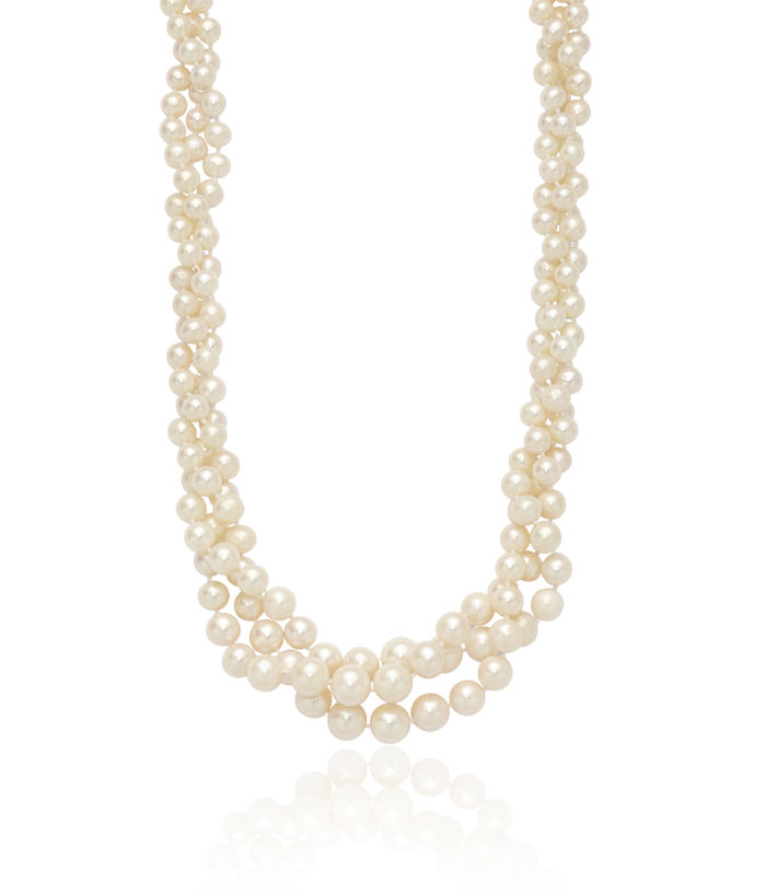 14K Solid Two Tone Yellow White Gold Round Freshwater Cultured Pearl Multi Strand Necklace Chain