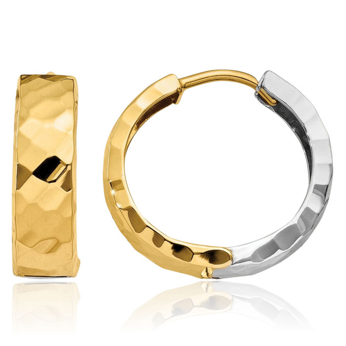 14K Solid Two Tone Gold Round Huggie Small Hoop Earrings