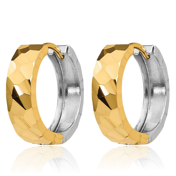 14K Solid Two Tone Gold Round Huggie Small Hoop Earrings