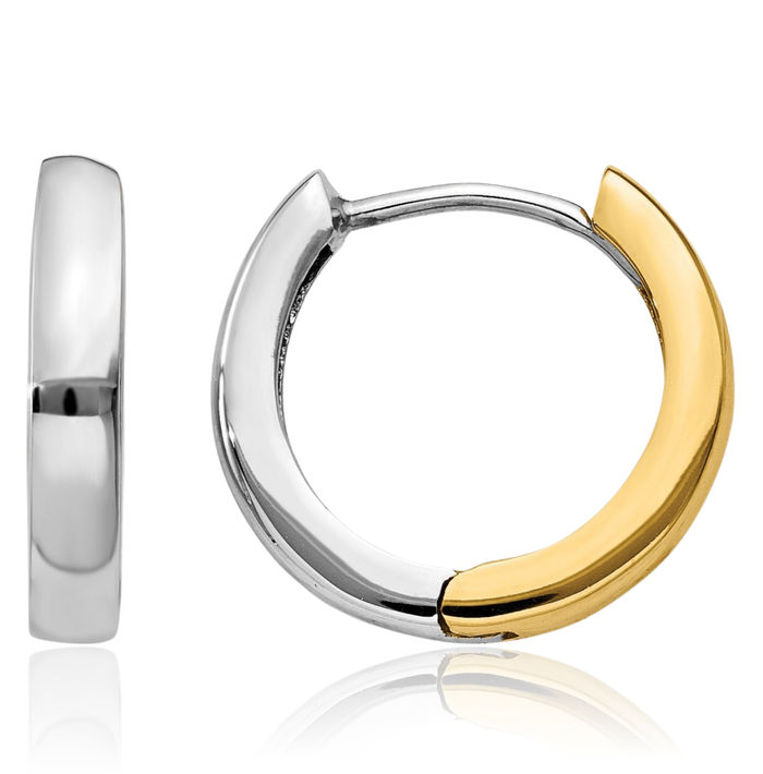 14K Solid Two Tone Gold Round Huggie Small Hoop Earrings