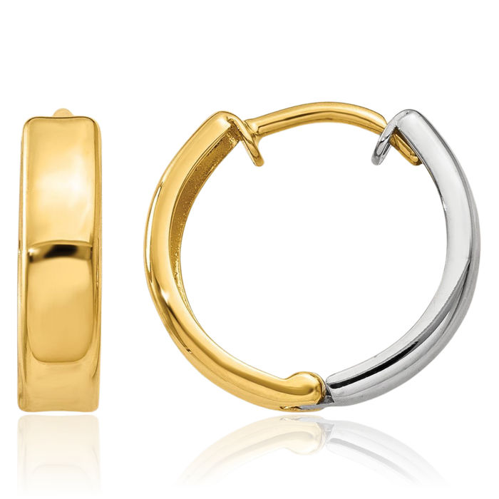 14K Solid Two Tone Gold Round Huggie Small Hoop Earrings