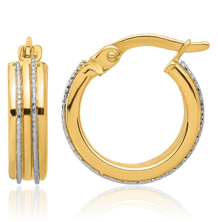 14K Solid Two Tone Gold Round Huggie Small Hoop Earrings