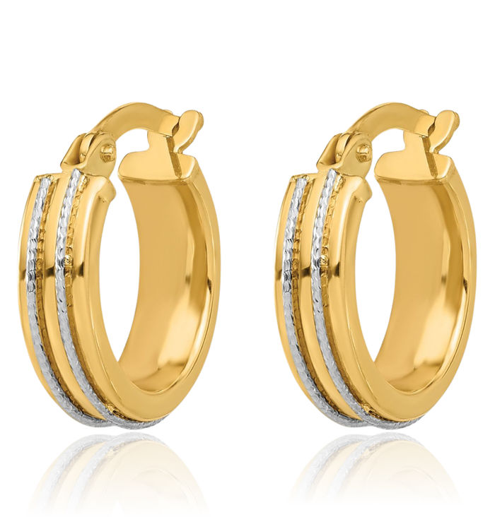 14K Solid Two Tone Gold Round Huggie Small Hoop Earrings