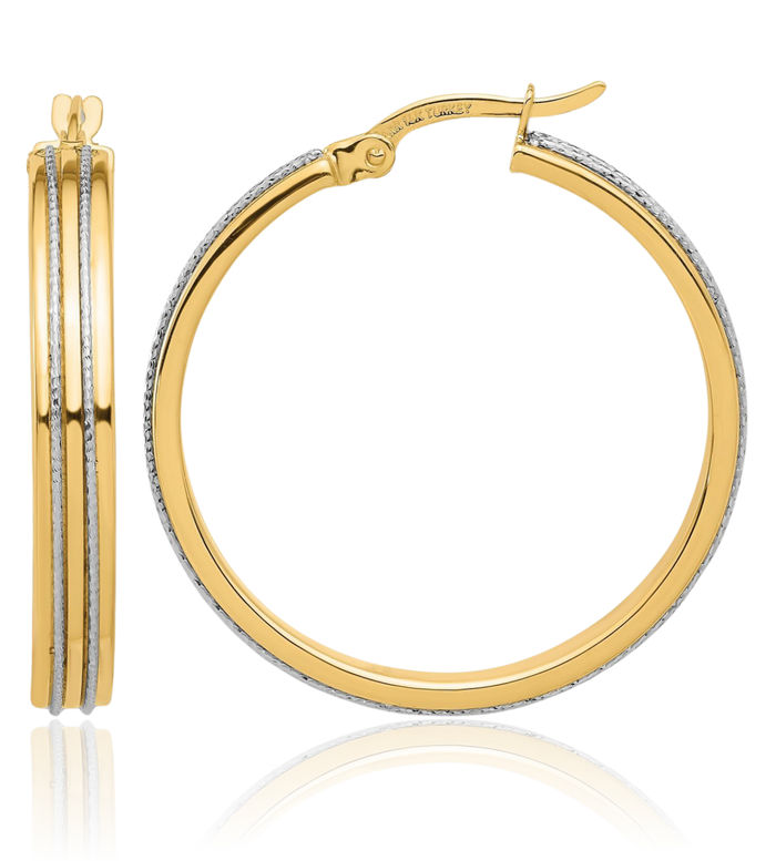14K Solid Two Tone Gold Round Medium Hoop Earrings