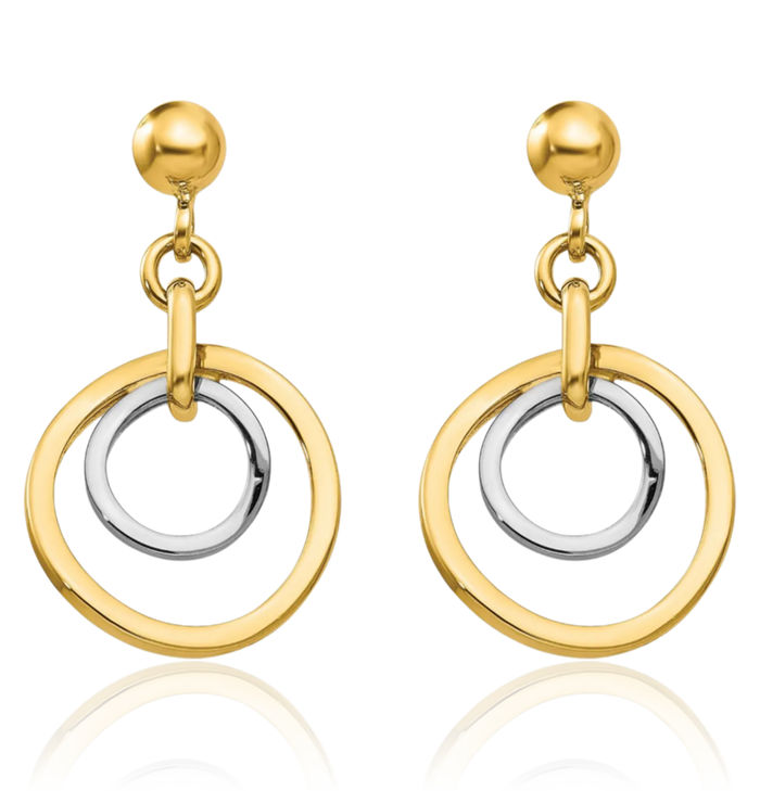 14K Solid Two Tone Gold Circle Round Post Drop Dangle Earrings