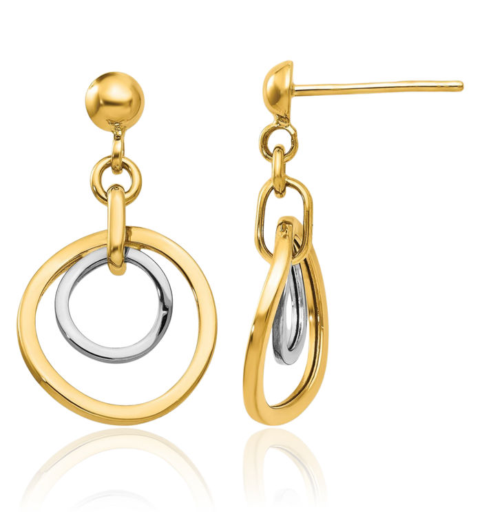 14K Solid Two Tone Gold Circle Round Post Drop Dangle Earrings