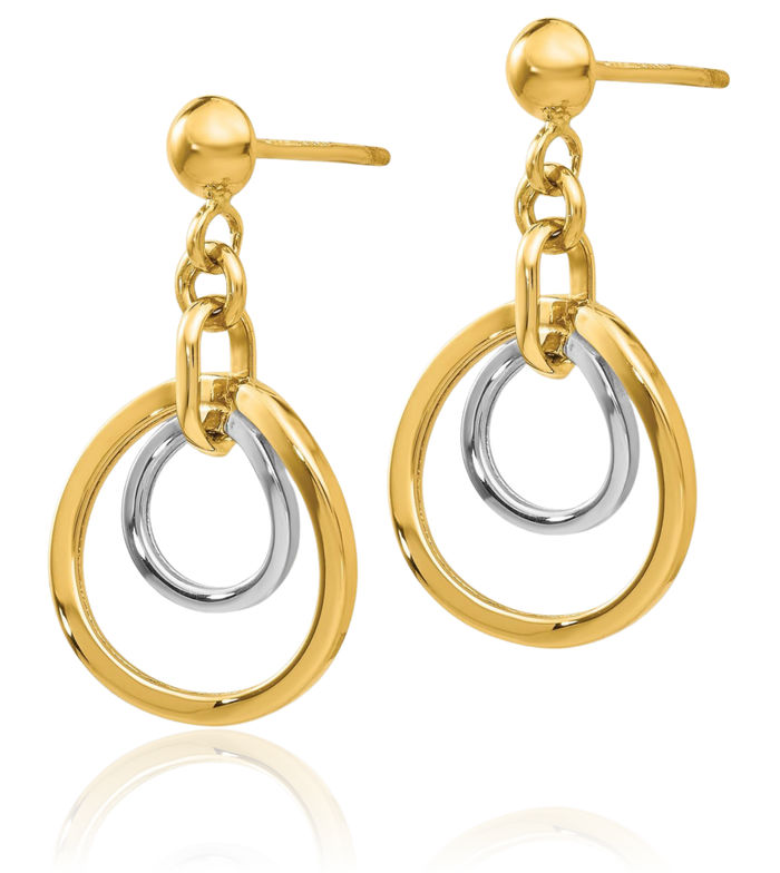 14K Solid Two Tone Gold Circle Round Post Drop Dangle Earrings