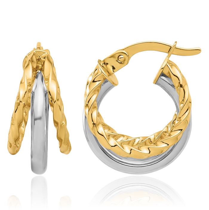 14K Solid Two Tone Gold Round Small Hoop Earrings