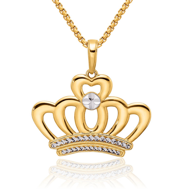 14K Solid Two Tone Yellow White Gold Royal Princess Crown Necklace Chain Pendant Charm