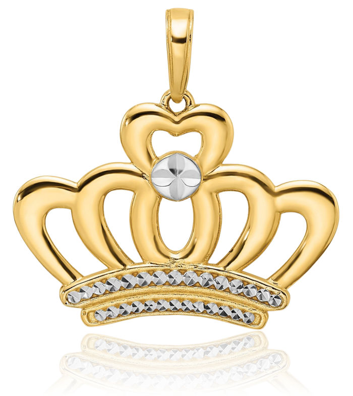 14K Solid Two Tone Yellow White Gold Royal Princess Crown Necklace Chain Pendant Charm