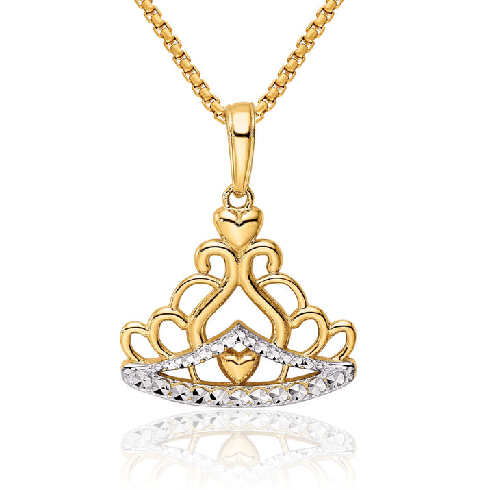 14K Solid Two Tone Yellow White Gold Royal Princess Crown Necklace Chain Pendant Charm
