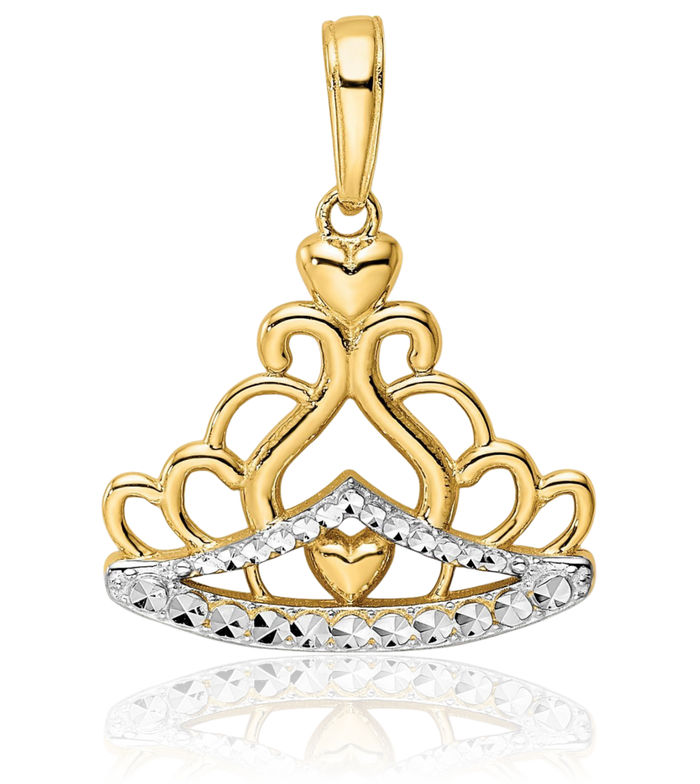 14K Solid Two Tone Yellow White Gold Royal Princess Crown Necklace Chain Pendant Charm