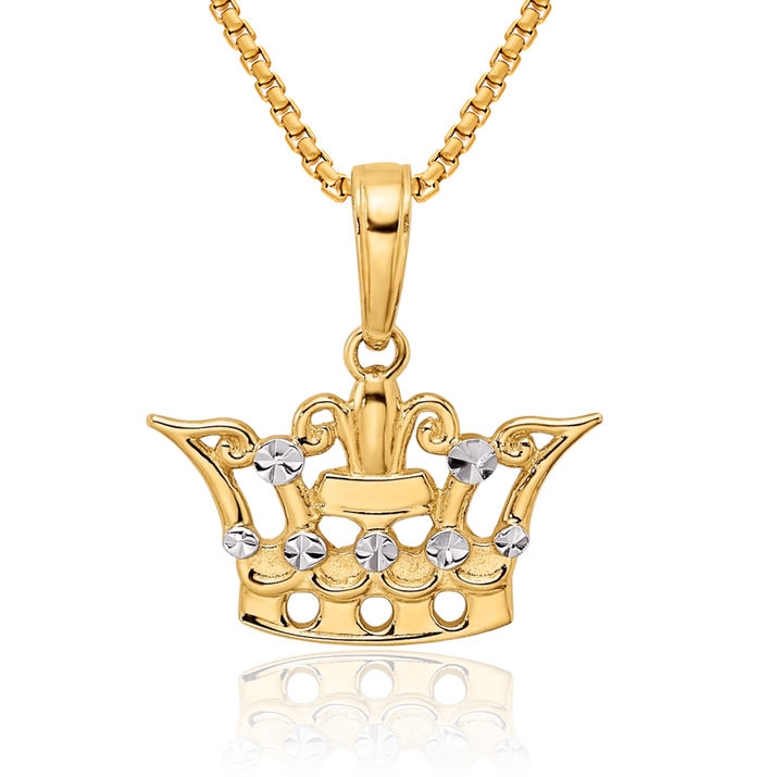 14K Solid Two Tone Yellow White Gold Royal Princess Crown Necklace Chain Pendant Charm