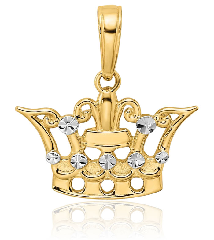 14K Solid Two Tone Yellow White Gold Royal Princess Crown Necklace Chain Pendant Charm