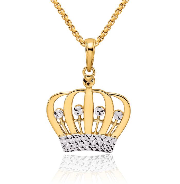 14K Solid Two Tone Yellow White Gold Royal Princess Crown Necklace Chain Pendant Charm