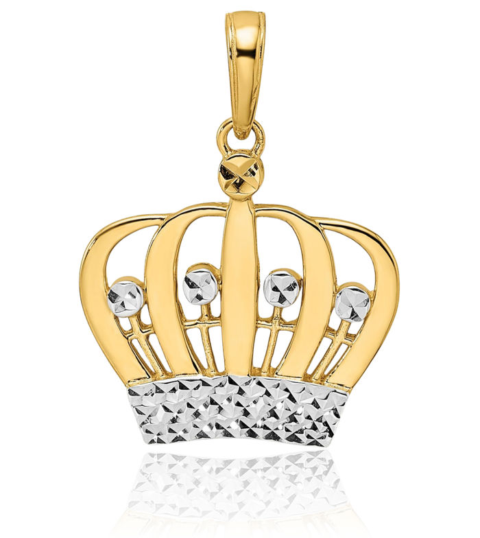 14K Solid Two Tone Yellow White Gold Royal Princess Crown Necklace Chain Pendant Charm