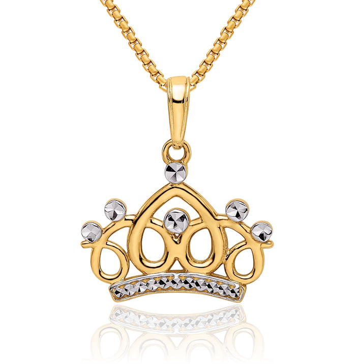 14K Solid Two Tone Yellow White Gold Royal Princess Crown Necklace Chain Pendant Charm