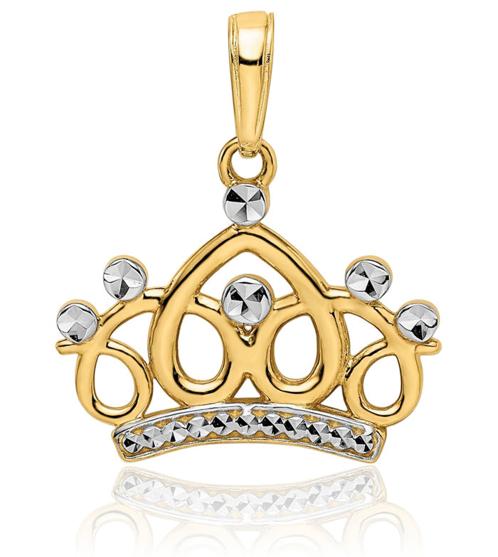 14K Solid Two Tone Yellow White Gold Royal Princess Crown Necklace Chain Pendant Charm