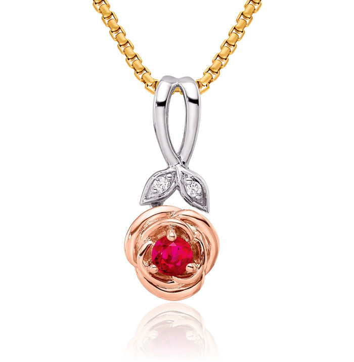 14K Solid Two Tone Gold White Rose Red Ruby Diamond Flower Necklace Charm Gemstone Pendant