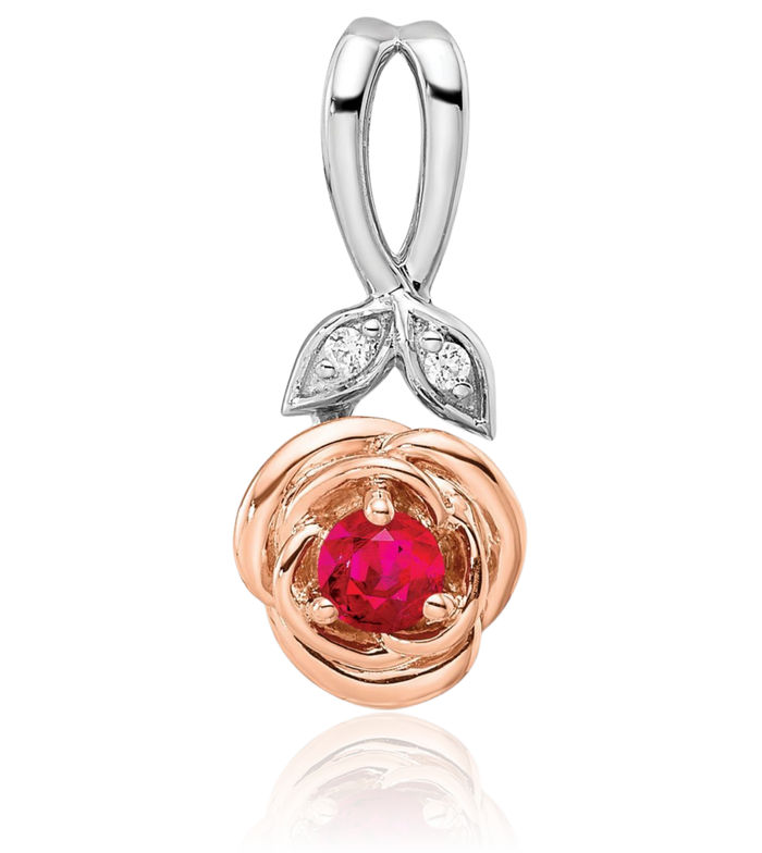 14K Solid Two Tone Gold White Rose Red Ruby Diamond Flower Necklace Charm Gemstone Pendant