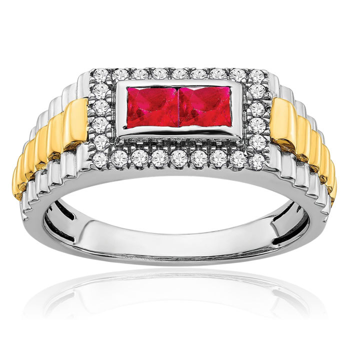 14K Solid Two Tone Gold Red Ruby Diamond Mens Ring Gemstone Band