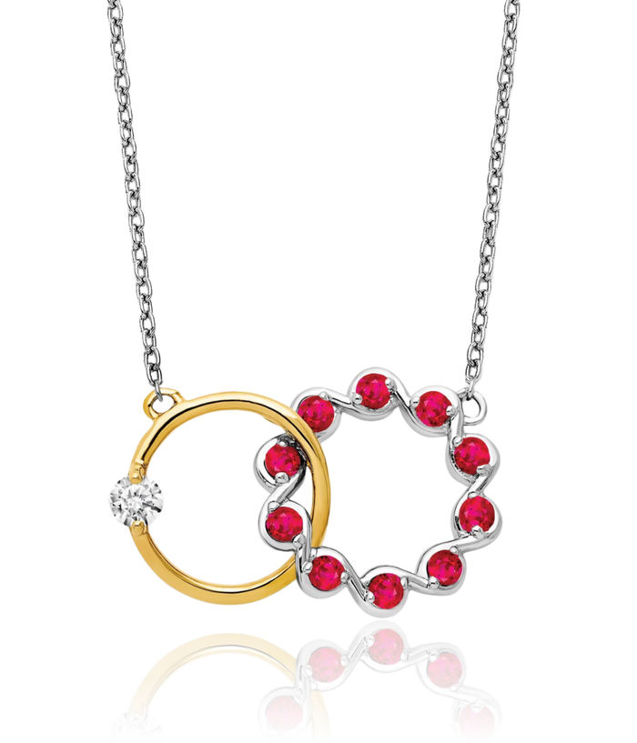 14K Solid Two Tone Gold Red Ruby Diamond Circle Round Chain Necklace Gemstone Pendant Charm