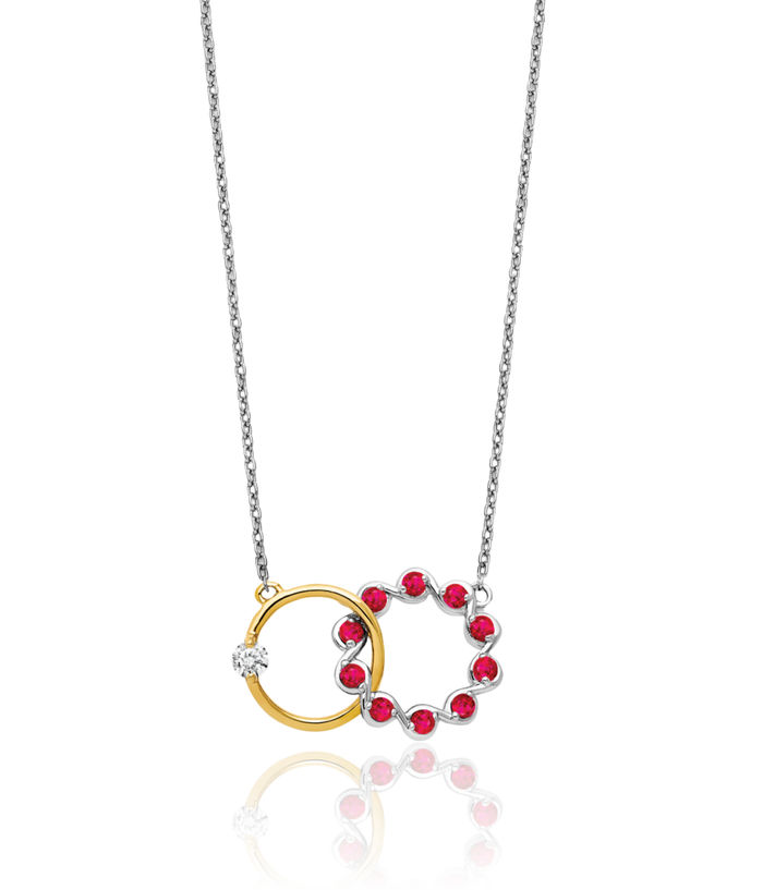 14K Solid Two Tone Gold Red Ruby Diamond Circle Round Chain Necklace Gemstone Pendant Charm