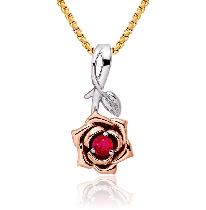 14K Solid Two Tone Gold White Rose Red Ruby Flower Necklace Charm Gemstone Pendant