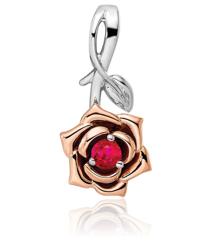 14K Solid Two Tone Gold White Rose Red Ruby Flower Necklace Charm Gemstone Pendant