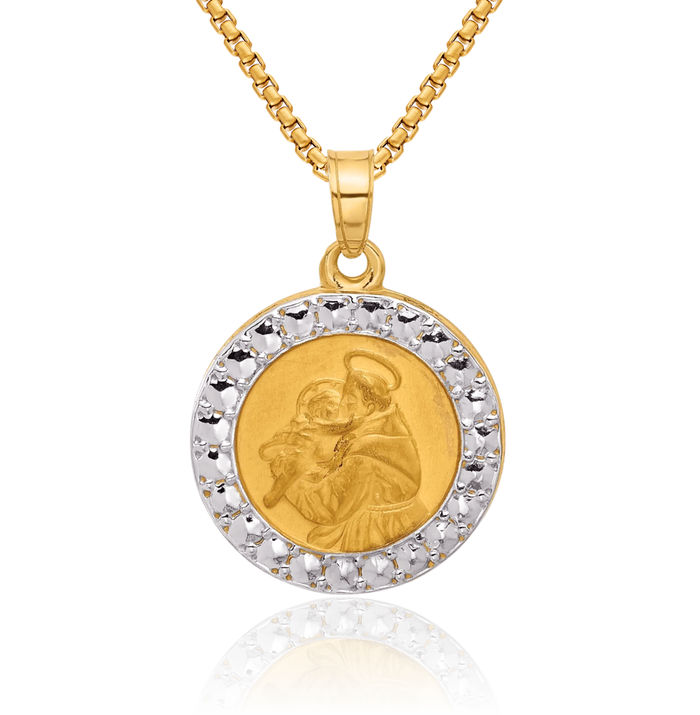 14K Solid Two Tone Yellow White Gold Saint Anthony Medal Necklace Chain Pendant Charm