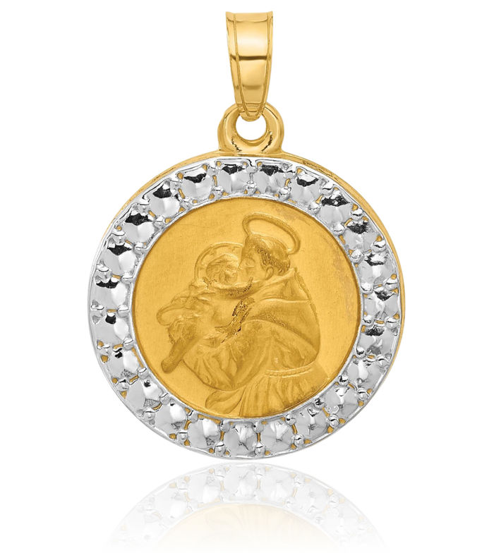 14K Solid Two Tone Yellow White Gold Saint Anthony Medal Necklace Chain Pendant Charm