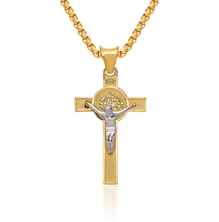 14K Solid Two Tone Gold Saint Benedict Medal Lord Jesus Christ Crucifix Holy Cross Necklace Heart Irish Claddagh Celtic Religious Chain Pendant Charm Jewelry