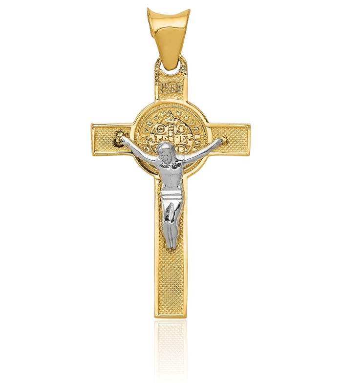 14K Solid Two Tone Gold Saint Benedict Medal Lord Jesus Christ Crucifix Holy Cross Necklace Heart Irish Claddagh Celtic Religious Chain Pendant Charm Jewelry