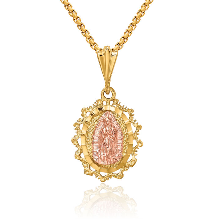 14K Solid Two Tone Gold Saint Blessed Mother Mary Medal Necklace Chain Pendant Charm