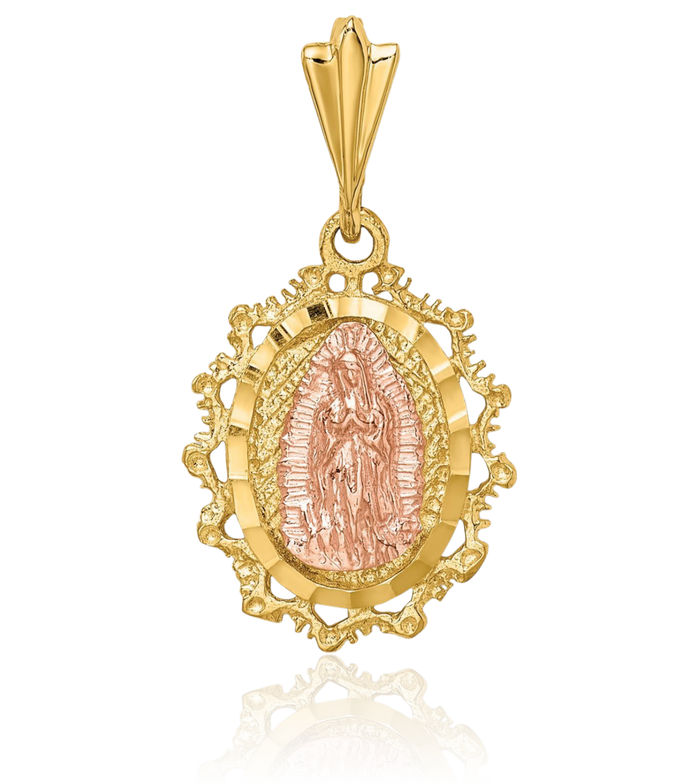 14K Solid Two Tone Gold Saint Blessed Mother Mary Medal Necklace Chain Pendant Charm