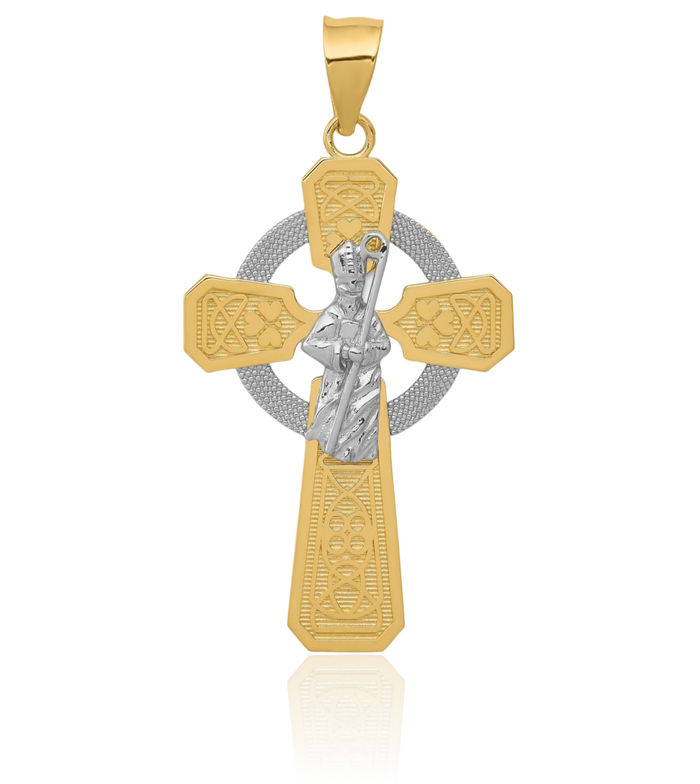 14K Solid Two Tone Gold Saint Patrick Heart Irish Claddagh Celtic Iona Holy Cross Necklace Religious Chain Pendant Jesus Christ Charm Jewelry