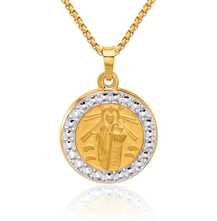 14K Solid Two Tone Yellow White Gold San Judas Tadeo St Jude Patron Saint Thaddeus Medal Necklace Chain Pendant Charm