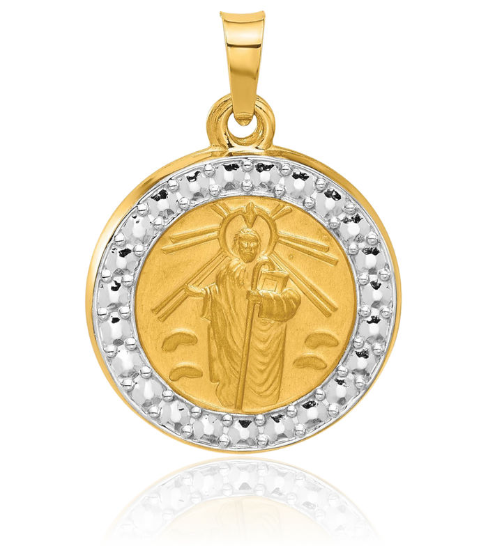 14K Solid Two Tone Yellow White Gold San Judas Tadeo St Jude Patron Saint Thaddeus Medal Necklace Chain Pendant Charm