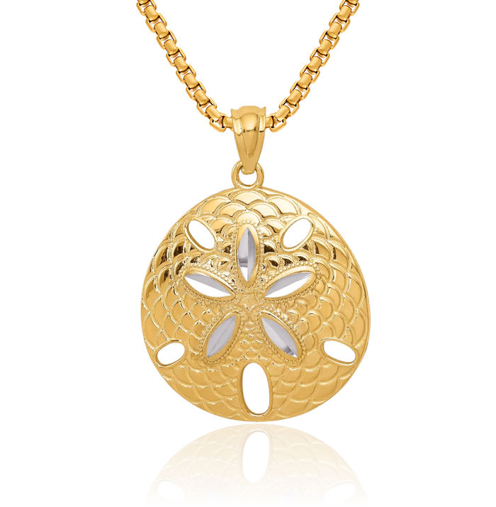 14K Solid Two Tone Yellow White Gold Sand Dollar Sea Star Starfish Necklace Chain Pendant Charm